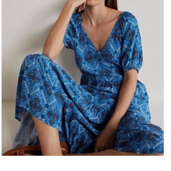 Boden Anna Double Cloth Midi Dress in the "Mosaic Blue Poppy Bloom" pattern - Picture 2 of 16